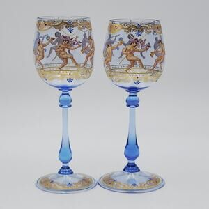 Set 2 Lobmeyr Hand Painted Enamel Gilt Blue Wine Glass Putti Cherubs Austrian 8"